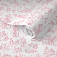 a pink and white wallpaper with drawings on it