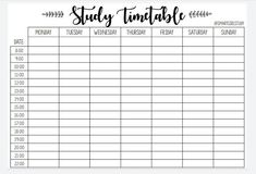 a printable study timetable with the words study timetable written in cursive writing