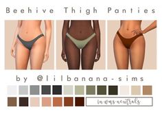 three different pictures of women in bikinis with the words beehive thigh panties