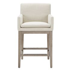 an upholstered bar stool with a beige fabric seat and backrest, viewed from the front