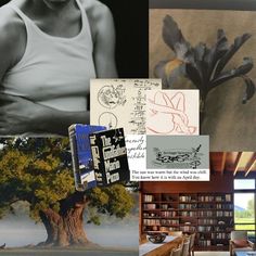 there is a collage of photos with books and pictures on it, including an image of a tree