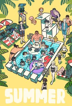 an illustration of people in the pool surrounded by palm trees and umbrellas on a sunny day