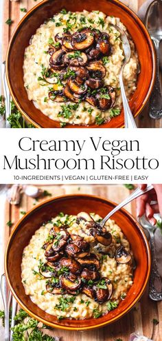 creamy vegan mushroom risotto with parsley on top