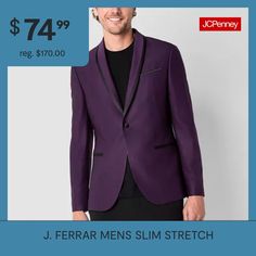 Suit your special occasion by dressing the part with this single-breasted men's tuxedo jacket from J. Ferrar. Its cut for a slim-fit from stretch woven-blend with recycled fabric for ultra comfort and mobility and is designed with a satin-trim shawl collar, and multiple pockets to conceal your small essentials. Pair it with tuxedo pants and sleek oxfords for a wedding.Front Style: Single BreastedFeatures: Stretch FabricClosure Type: ButtonFit: Slim FitPockets: 2 Front Slip Pockets, 1 Chest Slip… Spring Fitted Tuxedo For Formal Occasions, Spring Formal Fitted Tuxedo, Formal Slim Fit Blazer For Spring, Slim Fit Formal Blazer For Spring, Spring Fitted Single Breasted Tuxedo, Spring Fitted Single-breasted Tuxedo, Tailored Spring Semi-formal Tuxedo, Fitted Sport Coat For Spring Formal, Spring Formal Single Breasted Tuxedo