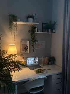 a laptop computer sitting on top of a white desk next to a potted plant