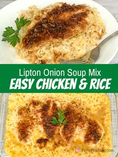 two plates of chicken and rice with the words lipton onion soup mix easy chicken and rice