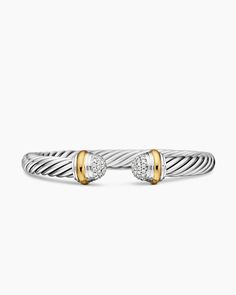 David Yurman | Classic Cable Bracelet in Sterling Silver with 18K Yellow Gold and Pavé Domes, 7mm Cable Bracelets, Women's Bracelets, Small Accessories, Style Gift, High Jewelry, David Yurman, Jewelry Pouch, Style Icon, Pave Diamonds