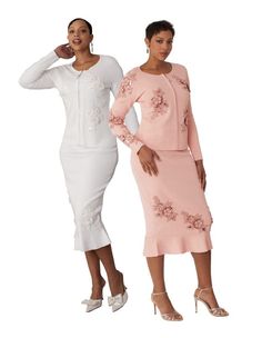 Kayla Knit 5346 2 piece Knit Skirt Suit Colors: Pink, White Jacket Length: 24" Skirt Length: 33" Sizes: 6, 8, 10, 12, 14, 16, 18, 20, 22, 24 Suit Colors, Knitted Suit, Church Fashion, Curvy Fashionista, White Jacket, Shop Products, Church Outfits, Wedding Fashion, Knit Skirt