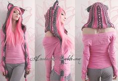 three different views of a woman with long pink hair and braids on her head