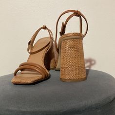 Beautiful Brown Block Heel With Woven Fabric Sandals Sam Edelman New York Summer T-strap Sandals With Heel Loop And Block Heel, Spring Beach T-strap Sandals With Block Heel, High Heel T-strap Sandals For Spring Vacation, High Heel T-strap Sandals For Vacation In Spring, Spring Vacation High Heel T-strap Sandals, Vacation High Heel T-strap Sandals For Spring, Chic T-strap Sandals With Round Toe, High Heel Synthetic T-strap Sandals For Summer, Brown Open Heel Summer Sandals