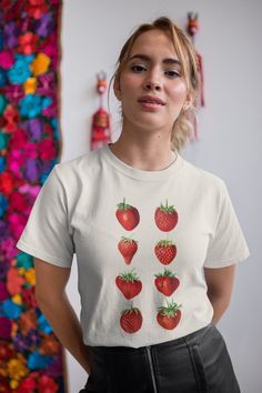 This cute strawberry top for women is the perfect strawberry shirt for women who appreciate the vintage cottagecore aesthetic.  Made from very soft materials, this vintage fruit shirt is also the perfect gift for strawberry lovers everywhere. 100% cotton for solid colors. Heather colors and sports grey include polyester. The shoulders have twill tape for improved durability. There are no side seams. The collar is made with ribbed knitting to prevent curling damage. \n.: 100% Cotton (fiber conten Cute Cheap Strawberry Print Shirt, Cheap Cute Strawberry Print Shirt, Cheap Trendy Strawberry Print Shirt, Cheap Cotton Shirt With Strawberry Print, Karl Jacobs Strawberry Shirt, Vintage Cottagecore Aesthetic, Strawberry Clothes, Clothing Cottagecore, Garden Shirt