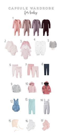 an image of baby clothes for babies with the names and numbers in english on them