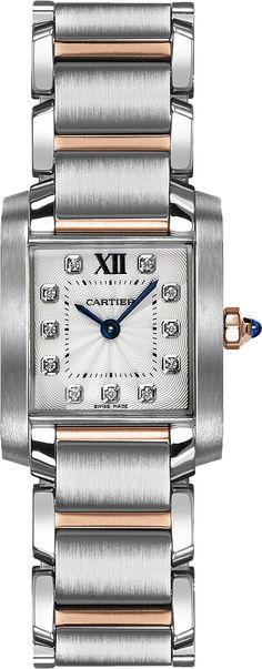 Model # WE110004 | CRWE110004 CARTIER TANK FRANCAISE SMALL WATCH Store Display Model (What's This?) - With Manufacturer Serial Numbers - Swiss Made - Flinque Silver Dial Set with Diamonds - 11 Diamonds Set on Dial - Crown Set with Synthetic Cabochon-Shaped Spinel - Battery Operated Quartz Movement - 3 Year Warranty - Guaranteed Authentic - Certificate of Authenticity - Manufacturer Box & Manual - 18k Rose Gold with Stainless Steel Case & Bracelet - Scratch Resistant Sapphire Crystal - 30 Meters / 100 Feet Water-Resistant - 25.35mm x 20.25mm = 1" x 7/8" Case , 6" Adjustable Bracelet - Deployment Buckle - Free Bracelet Sizing - Free Lifetime Battery Replacement     Also Known As Model # E110004 Cartier Tank Francaise, Small Watch, Small Tank, Cartier Tank, Womens Watches Luxury, Free Bracelet, Store Display, Rose Gold Diamonds, Swiss Made