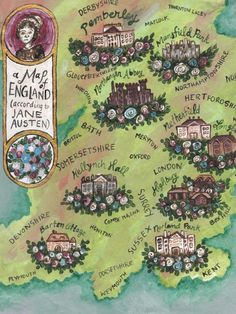 the map of england is drawn in watercolor and has many different things on it