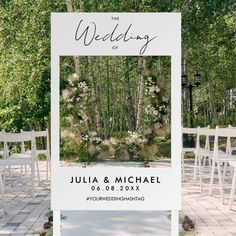 an outdoor ceremony with white chairs and flowers