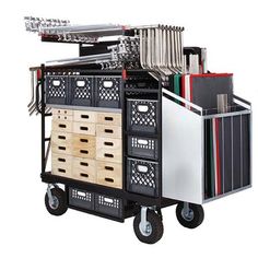 a black and white cart filled with lots of items