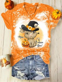 Moo I Mean Boo! Cow Print V-neck T-shirt V-neck Letter Print T-shirt For Fall, Casual V-neck Halloween Tops, Fall Letter Print V-neck T-shirt, Fall V-neck T-shirt With Letter Print, Fall V-neck Graphic Tee T-shirt, Small House Design, The Clothes, Casual Party, Cow Print