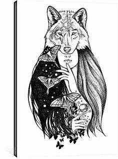 a black and white drawing of a woman with a wolf on her shoulder, holding flowers