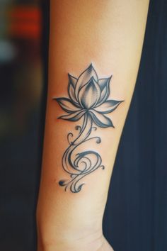 Lotus flower tattoo with intricate swirls on forearm. Celtic Lotus Flower Tattoo, Tiny Lotus Tattoo, Lotus Flower Tattoo Ideas, Simple Lotus Flower Tattoo, Lotus Artwork, Lotus Flower Tattoos, Small Lotus Tattoo, Lotus Designs, Lotus Flower Tattoo Design