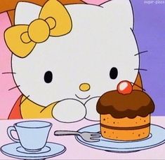 a hello kitty eating cake with a cup and saucer