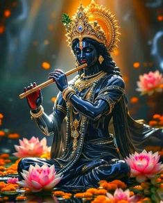 an image of a statue that is playing the flute in front of some water lilies