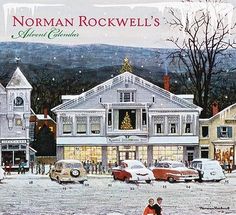 an advertisement for norman rockwell's christmas collection in front of a town with cars parked on the street