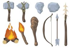 an assortment of different types of fire and ice axes, arrows, rocks and stones