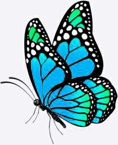 a blue butterfly flying in the air with white dots on it's wings and legs