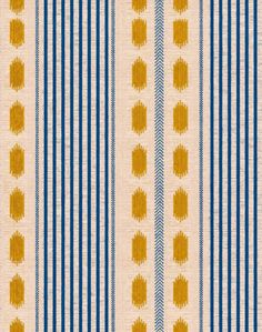 a blue and yellow striped wallpaper with small dots on the bottom half of it