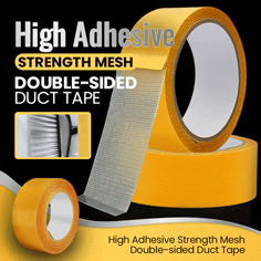 the adhesivee tape is yellow and has two rolls of duct tape on it