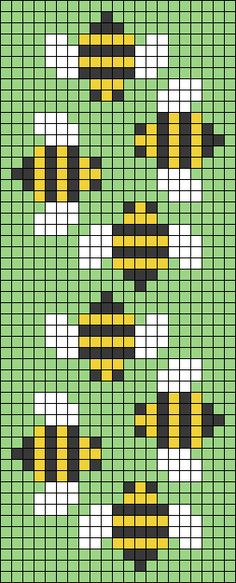 a cross stitch pattern with yellow and black bees on green background, in the style of pixelism