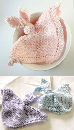 crocheted baby hats and bonnets are shown in three different colors, including pink, blue, and white