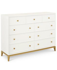 a white dresser with gold knobs on the top and bottom drawers, against a white background