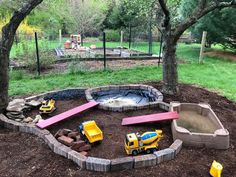 the construction site is set up for children to play with their toys in the yard