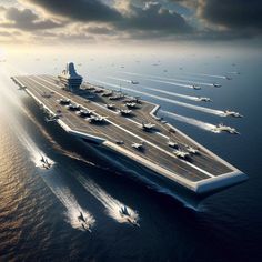 an artist's rendering of a large aircraft carrier in the middle of the ocean