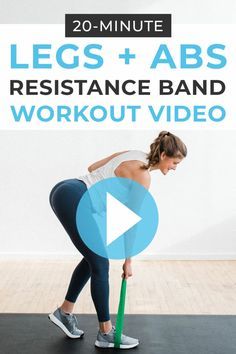 a woman standing on a yoga mat with the words leg + abs resistance band workout video