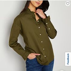 Nwt It Doesn’t Fit Me That’s Why I’m Selling Sz Xl Color: Army Green Sheer Shorts, Button Front Top, Collars For Women, Denim Button Down, Plaid Tops, Long Blouse, Tops For Women, Blue Plaid, Ruffle Trim