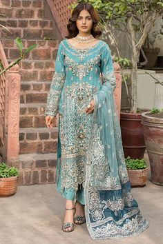 Sea Green Hand Embellished Pakistani Kameez Capri Party Dress Net Sleeves, Organza Shirt, Organza Sleeves, Chiffon Collection, Unstitched Suits, Embroidered Dupatta, Pink Shade, Festive Wear, Silk Trousers