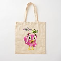 a tote bag with an image of a pink bird on it's face