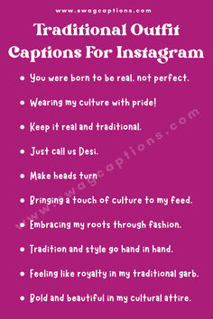 a pink poster with the words traditional outfit captions for instagrams on it