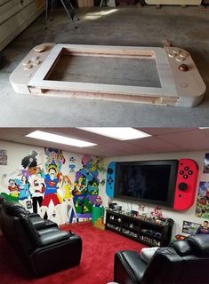 two pictures side by side one has a video game console and the other is a gaming room