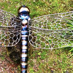 a metal dragon statue sitting on top of a lush green field