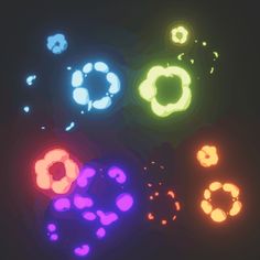 four different colored lights that are on top of each other in the dark, with one glowing