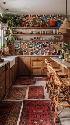 a kitchen with wooden cabinets and rugs on the floor