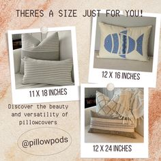 three pillows and two pillow covers are shown with the measurements for each one, along with their size just for you