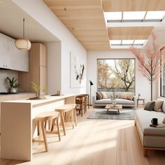 a living room filled with furniture next to a kitchen and dining area on top of a hard wood floor