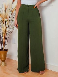 Verde Militar Casual Collar  Tecido composto  Perna reta Embellished Elasticidade Baixa Womens Bottoms, Wide Leg, Pants For Women, Clothes For Women, Pants, Clothes, Trousers