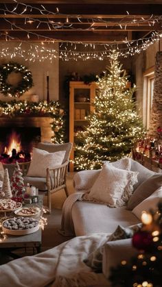 a living room filled with furniture and christmas trees