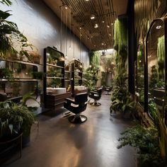 a room filled with lots of potted plants next to sinks and mirrors on the wall