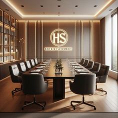 an empty conference room with chairs and a long table in front of the wall that says hls